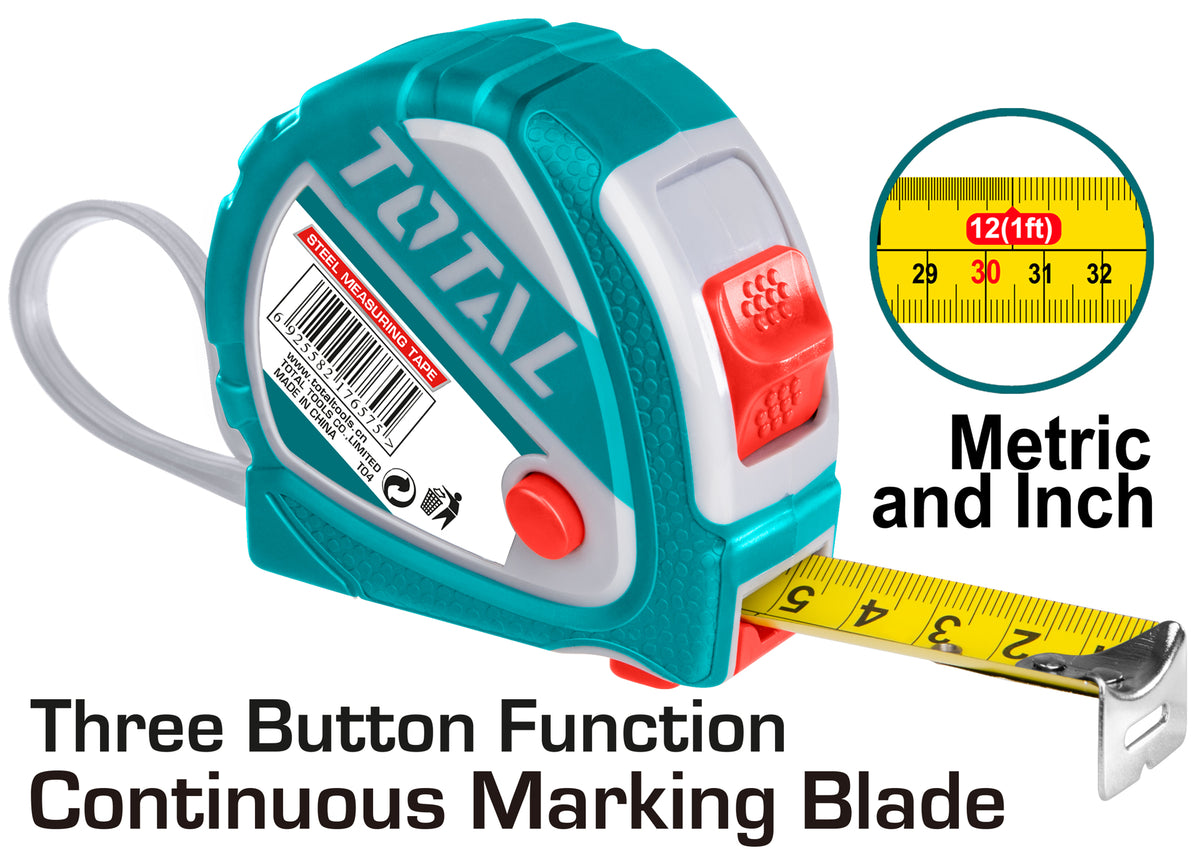 TOTAL Measuring Tape Steel w/Rbr.Cvr. - 5m×19mm