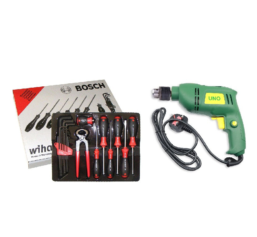 Bosch Wiha Premium Hand Tool Set 17-Piece + 800W with UNO Drill Electric Impact - 13mm (500W)