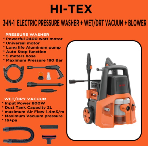 Pressure Washer 2400-W [ 180-Bar ] + Vacuum + Blower