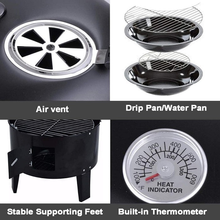 3 in 1 Portable Round Barbecue Grill with Heat Indicator Thermometer