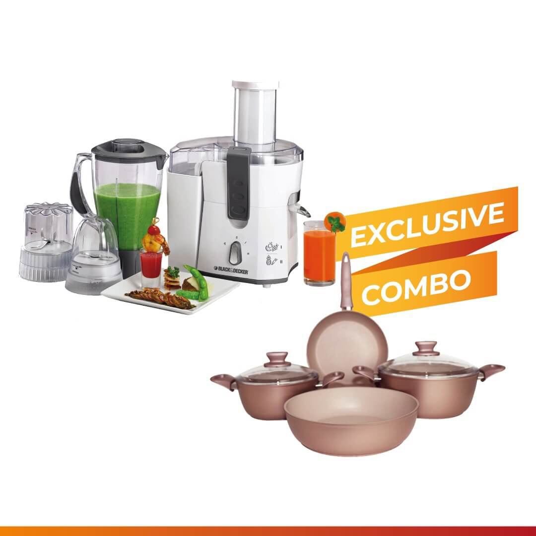 Black & Decker Multifunctional 4 in 1 Juicer, Blender, Grinder & Mincer, 500W & Granite Cookware Pot and Pan Set 6pcs, Rose Gold