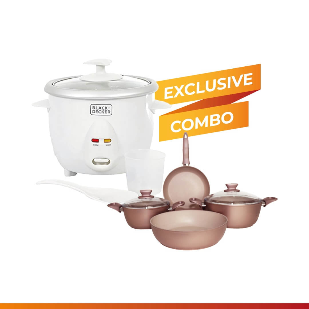 Granite Cookware Pot and Pan Set 6pcs, Rose Gold And Black & Decker 0.6 L Rice Cooker, RC650-B5